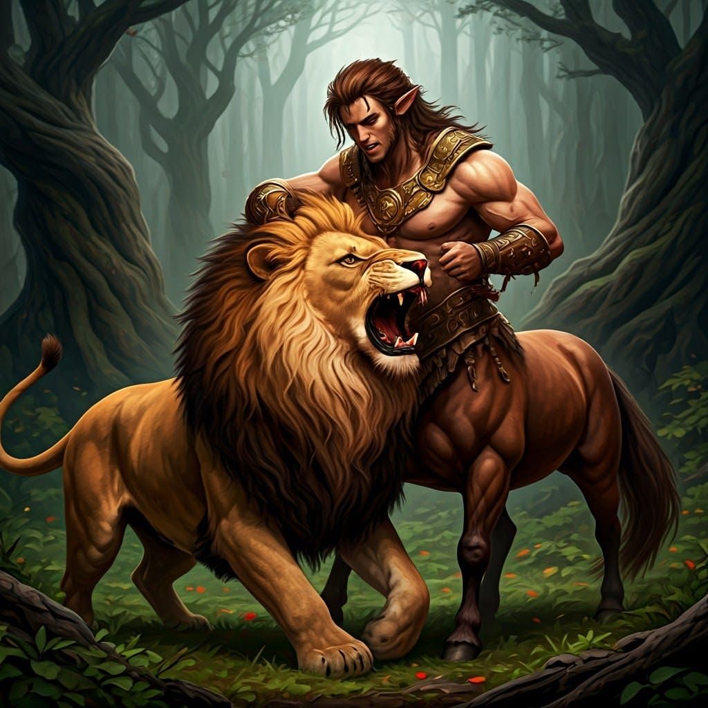 Centaur and Lion Battle in Emerald Forest