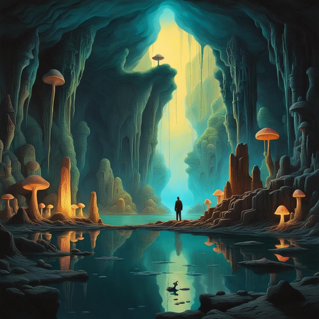 Ethereal Underground Cave Lake with Ancient Carvings