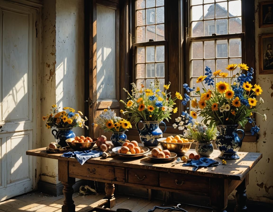 Hyperrealistic Flowers on Butcher Table, Pollock and Vermeer...