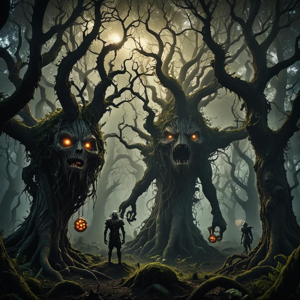 Eerie Mythical Creatures in Dark Fantasy Scene