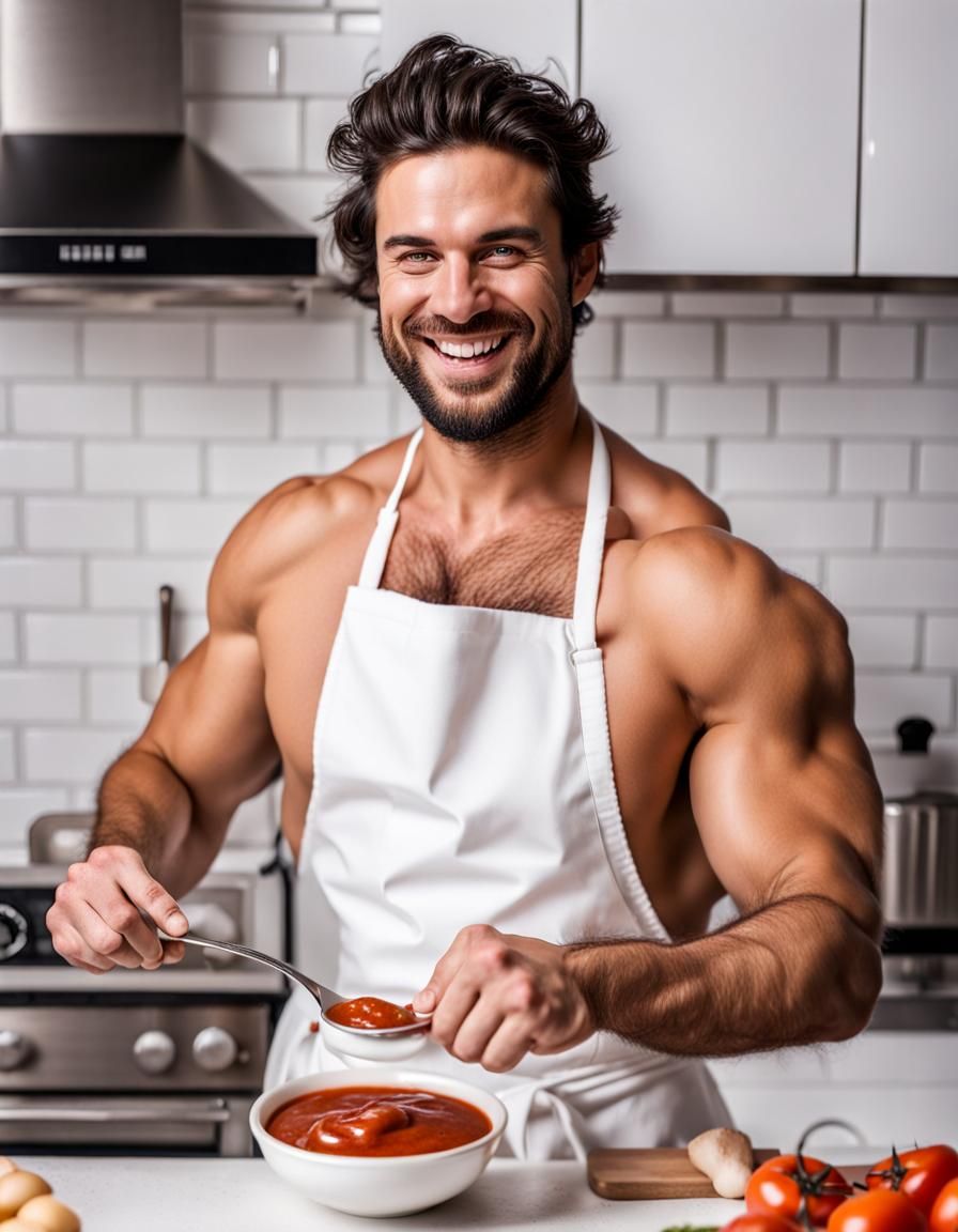Shirtless Cook Tasting Sauce in Kitchen