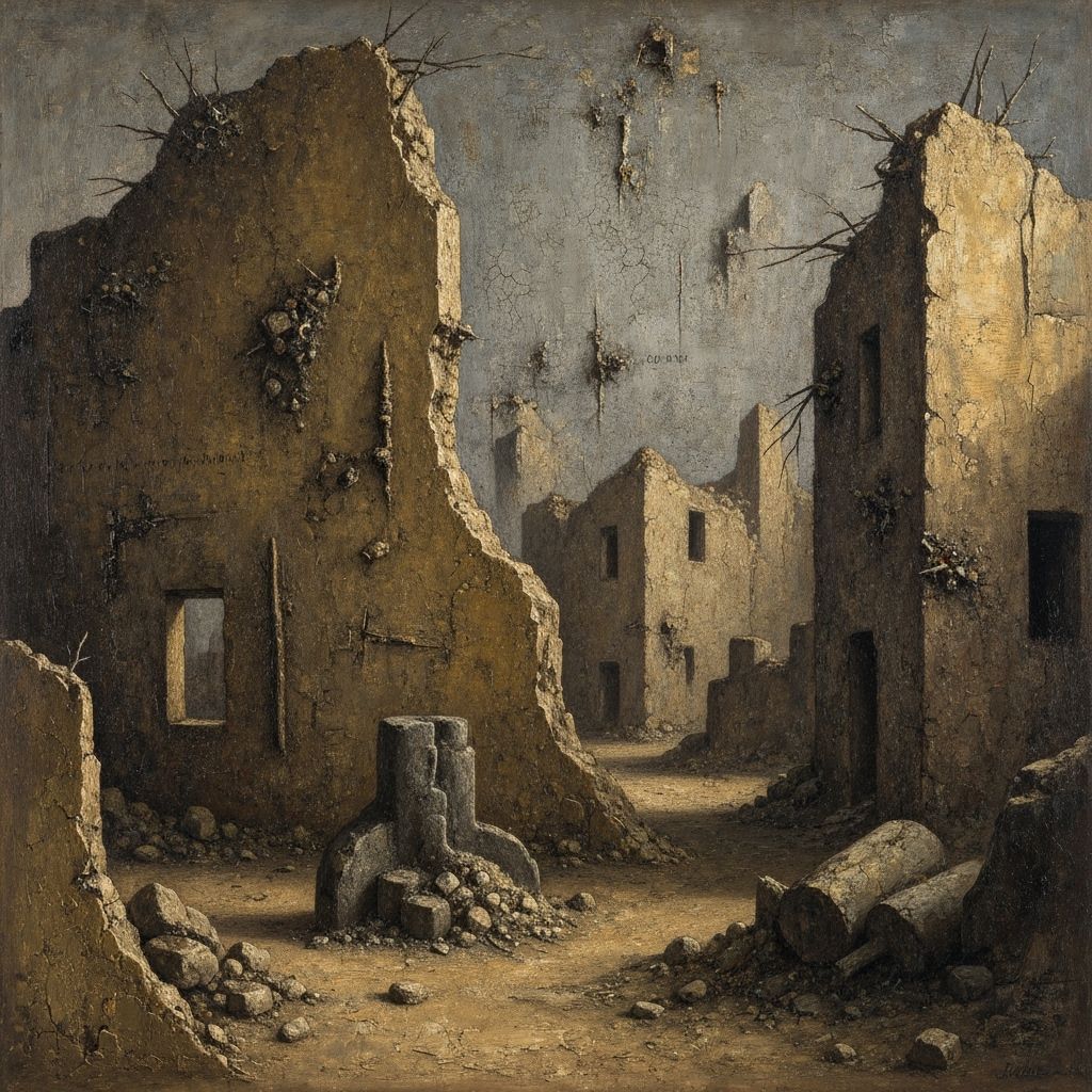 Earth-Toned Landscape of Crumbling Architecture as Impasto P...
