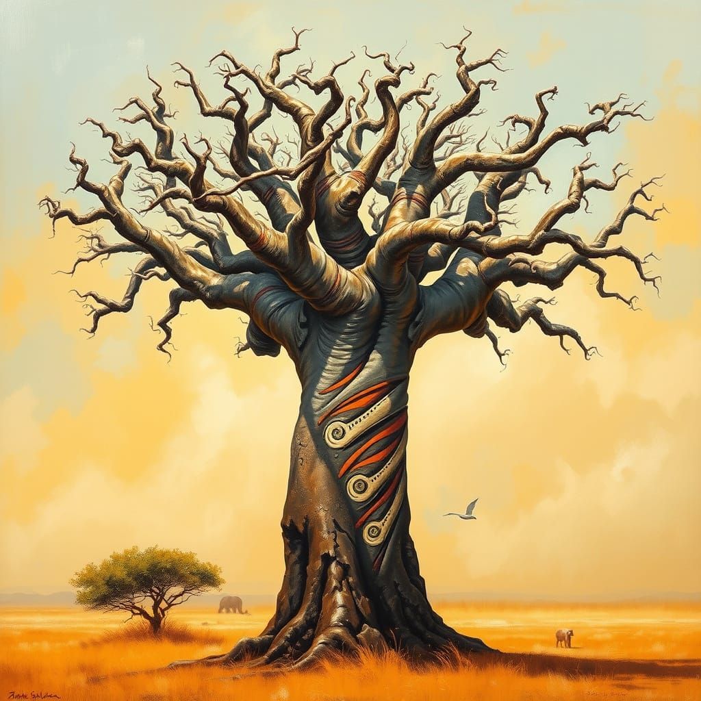 African Baobab Tree in Vibrant, Textured Oil Painting