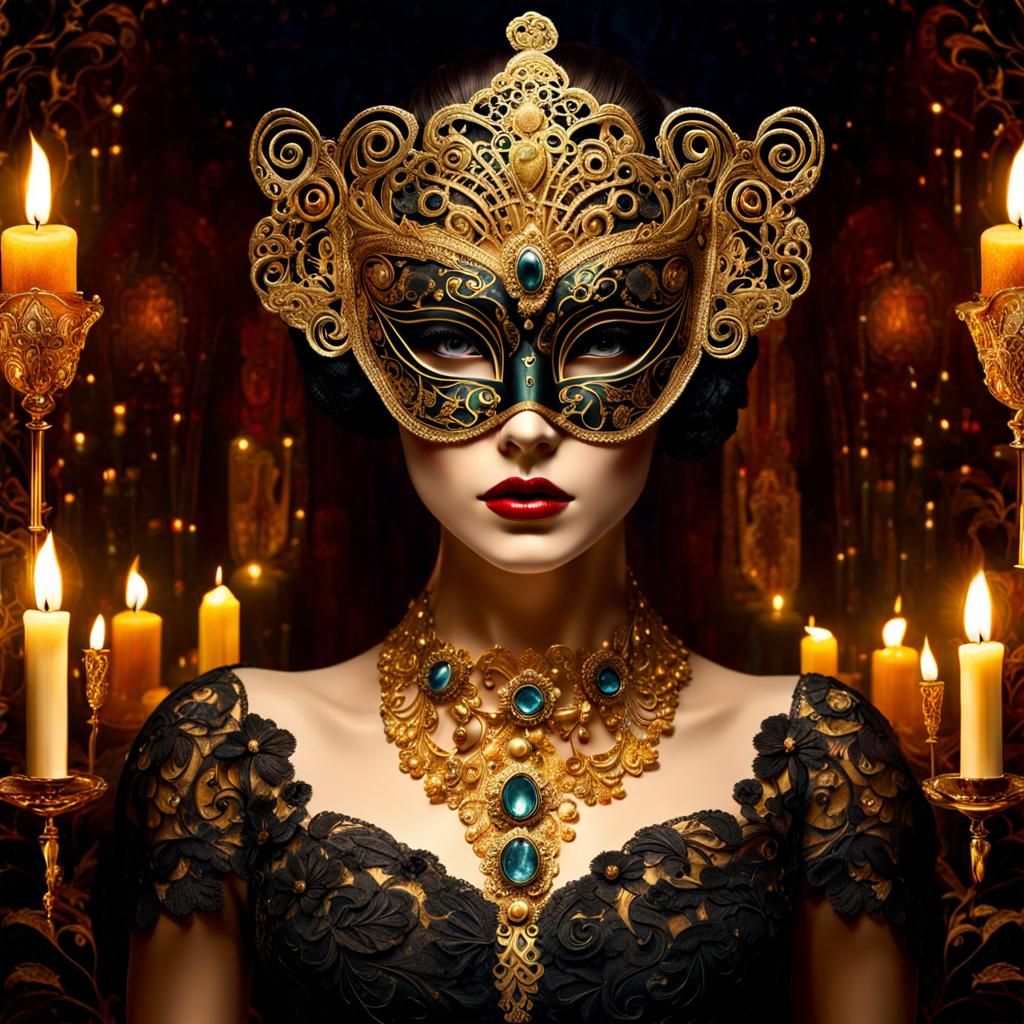 Lace Mask at Masquerade, Art Nouveau Impressionism