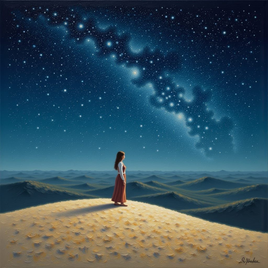 Contemplative Figure Under Starry Sky as Romantic Oil Painti...