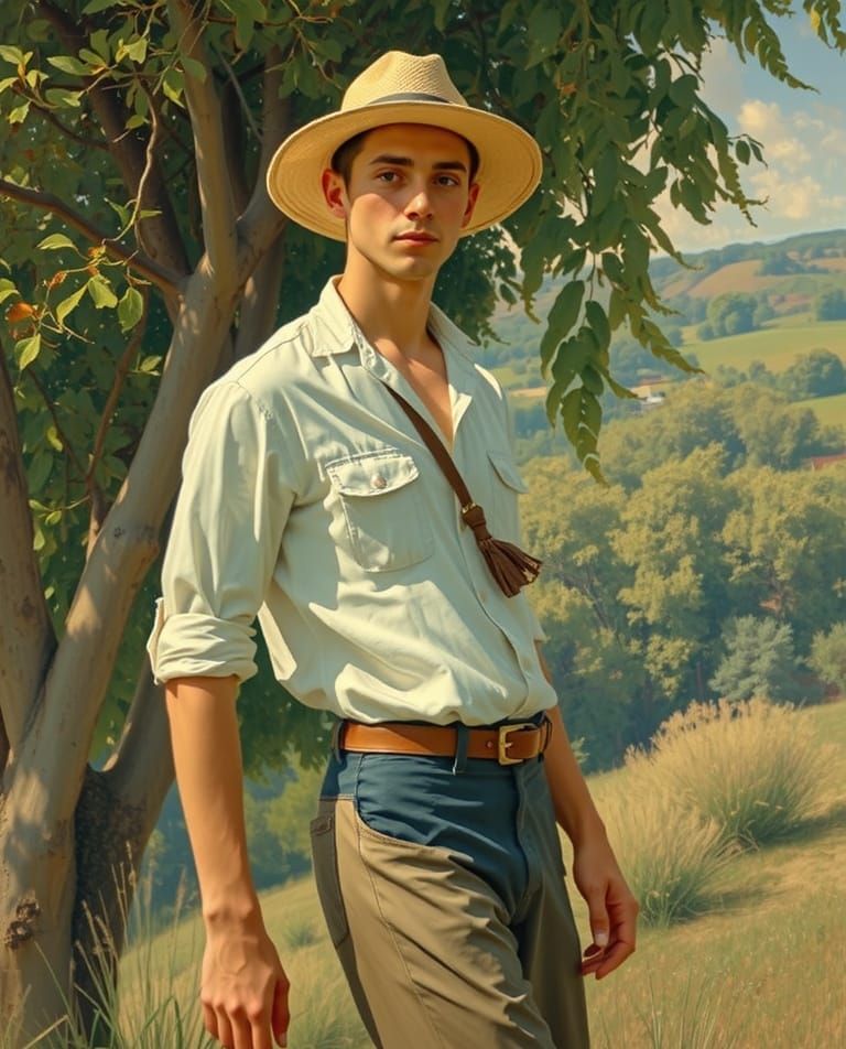 Man in Straw Hat Posing in Field Landscape