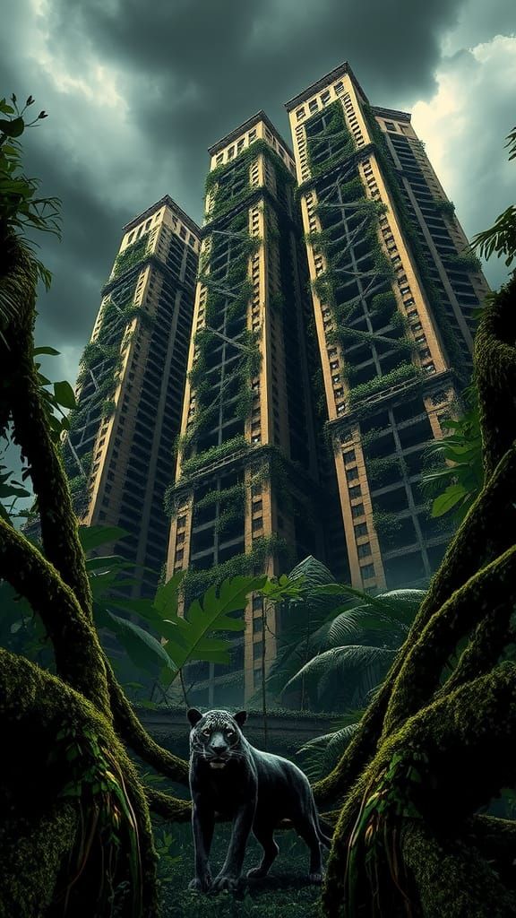 Dystopian Jungle Cityscape with Jaguar