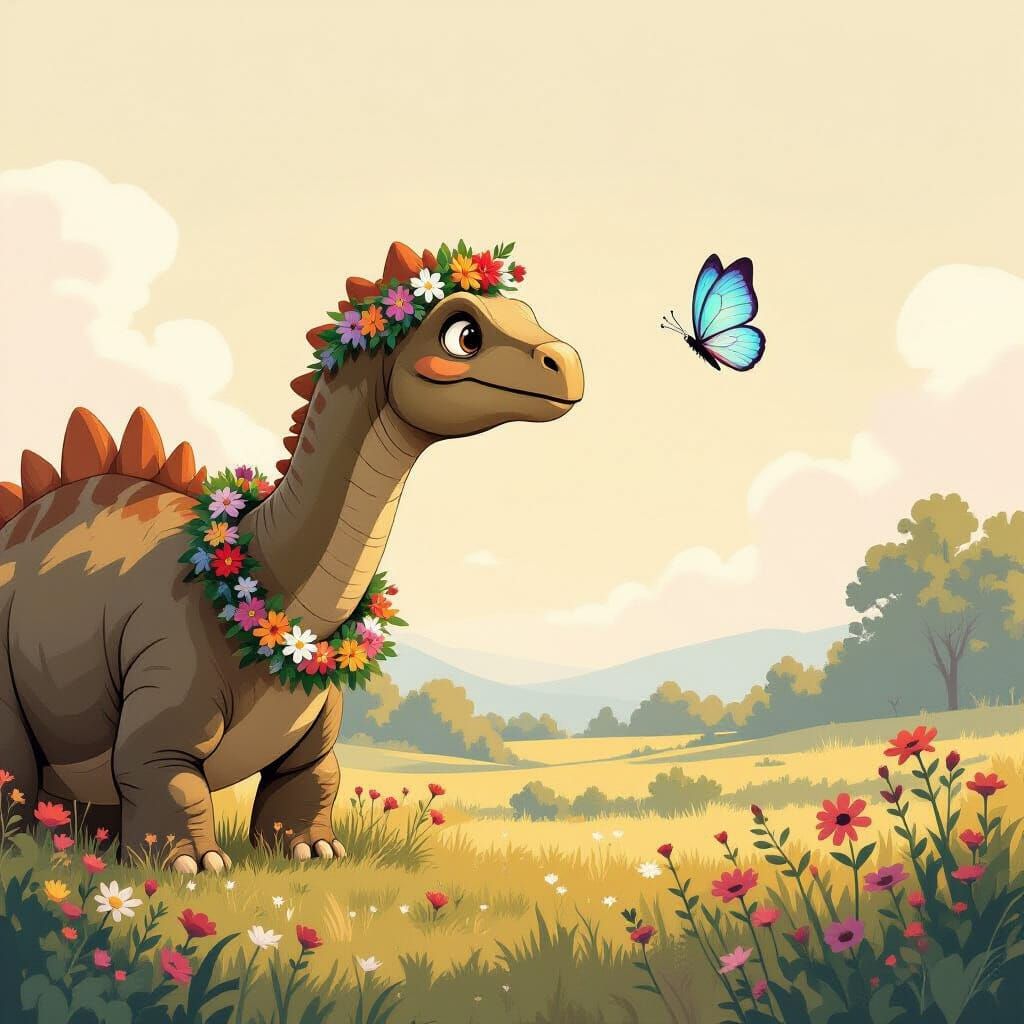 A brontosaurus looking at the small butterfly
