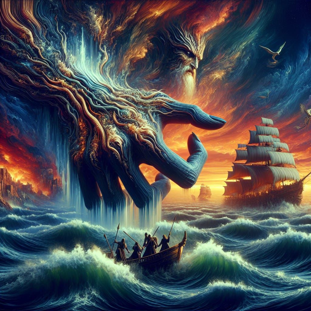 Ocean Ruler's Hand Seizes Pirates: Dramatic Matte Painting