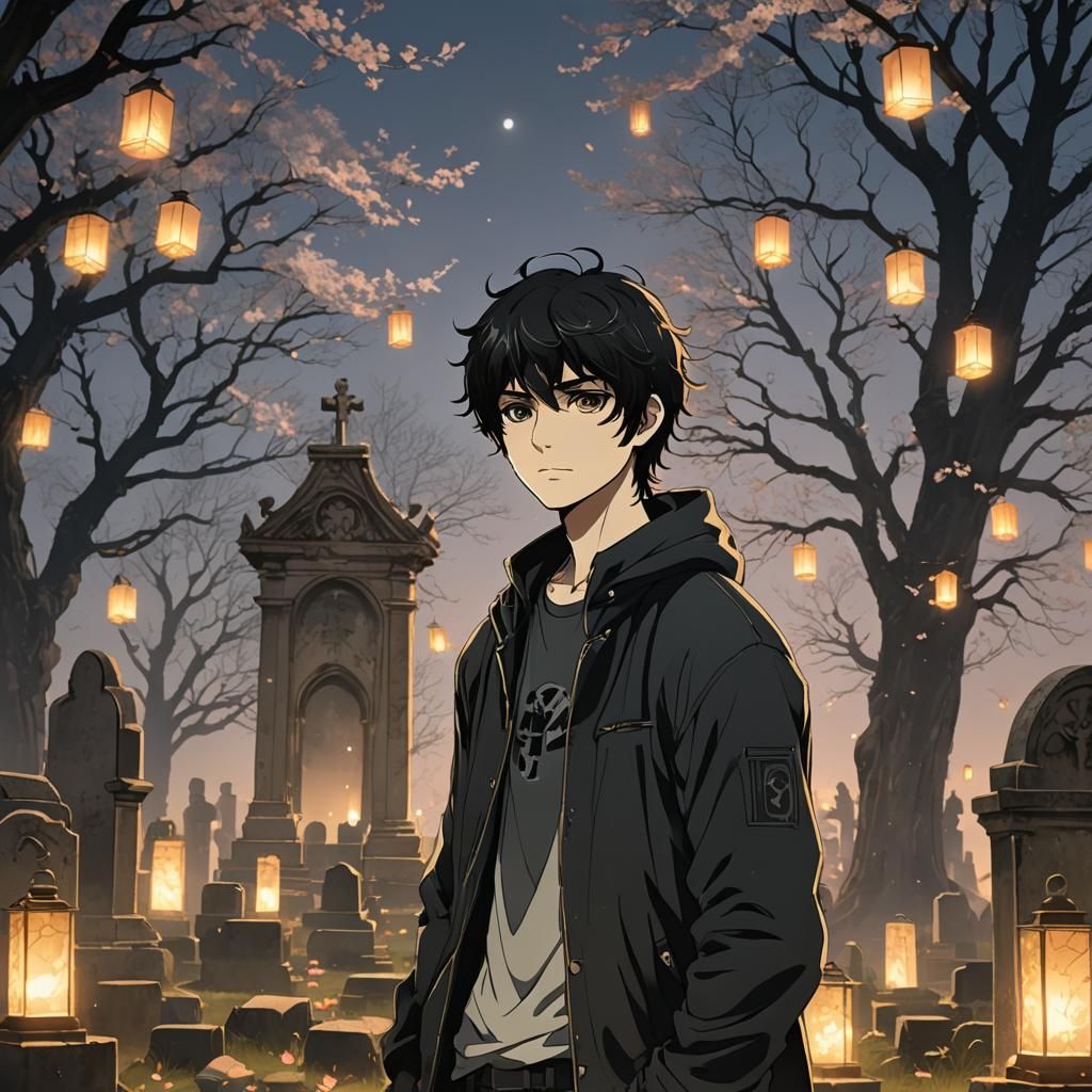 Nico di Angelo Amidst Cherry Blossoms in a Misty Graveyard