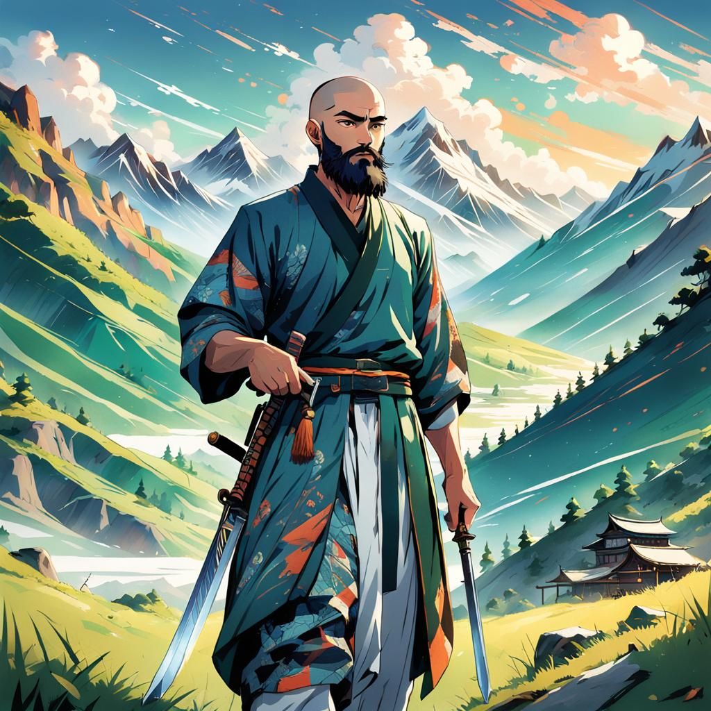 Pakistani Warrior in Anime Style Mountain Landscape