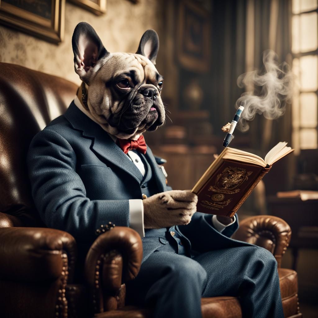 Anthropomorphic Bulldog Reads in Moody Sitting Room