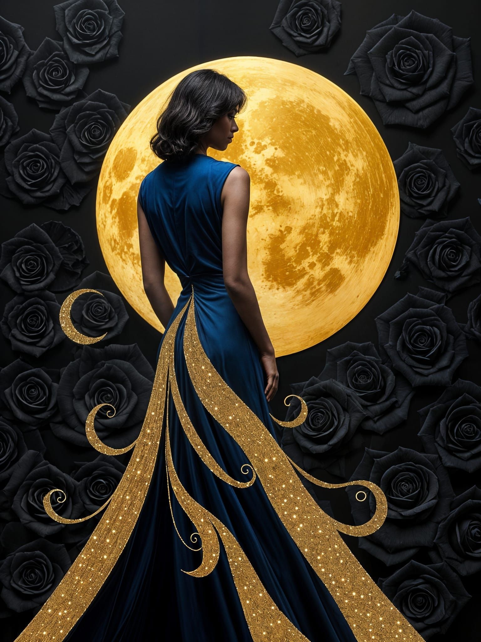 Modern Artistic Portrait of Woman in Blue with Golden Accent...