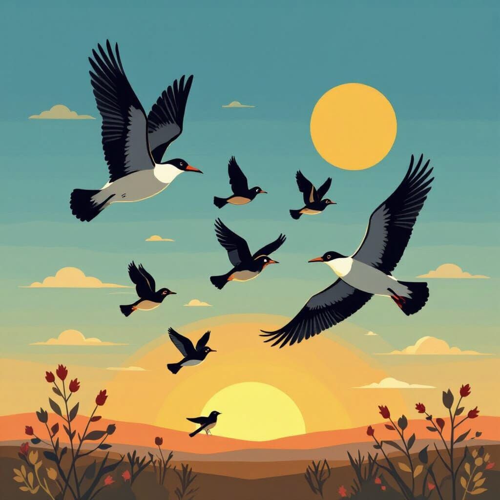 Birds Fly South at Sunset: Mid-Century Modern Style