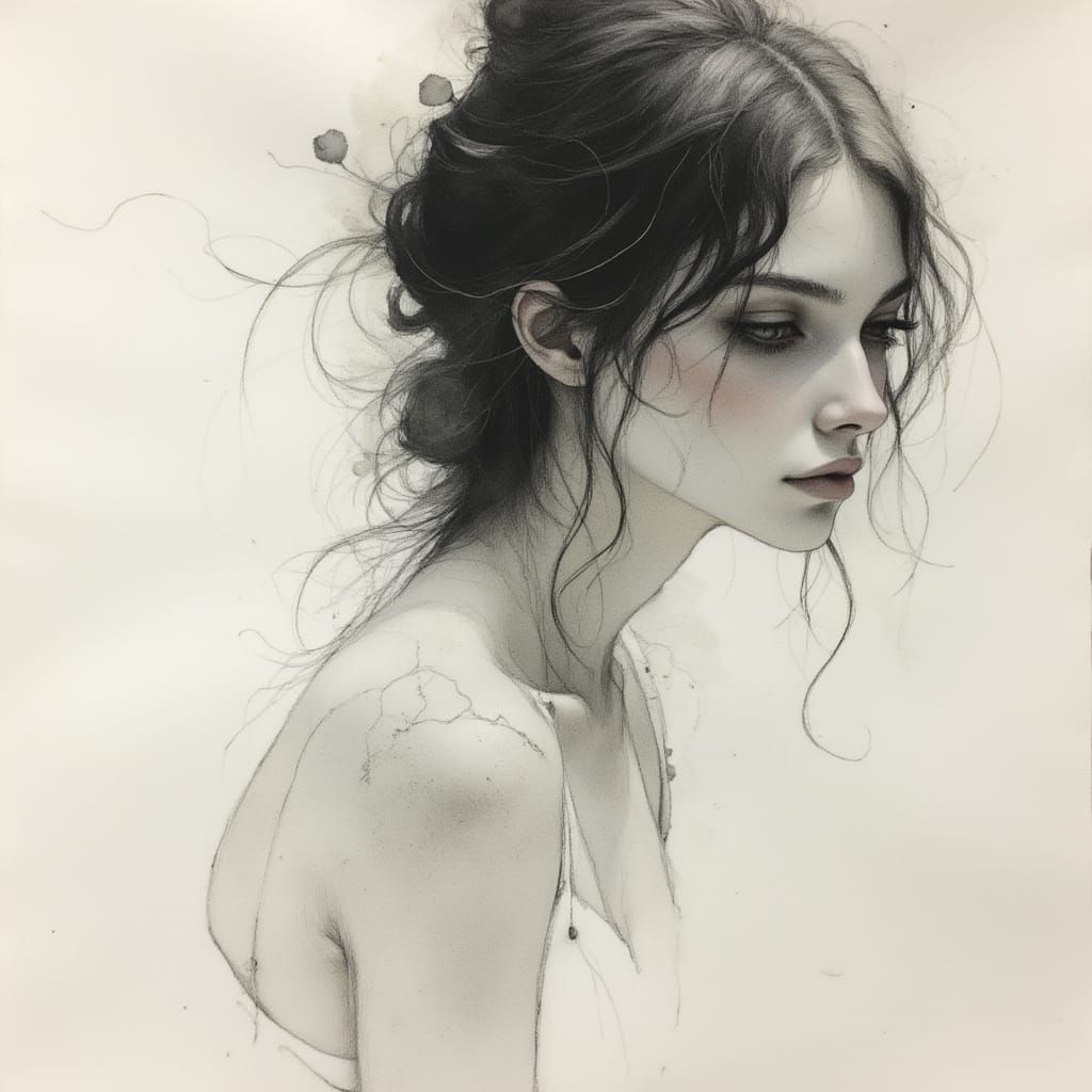 Charcoal and Chalk Drawing of a Feminine Back in Dramatic Li...