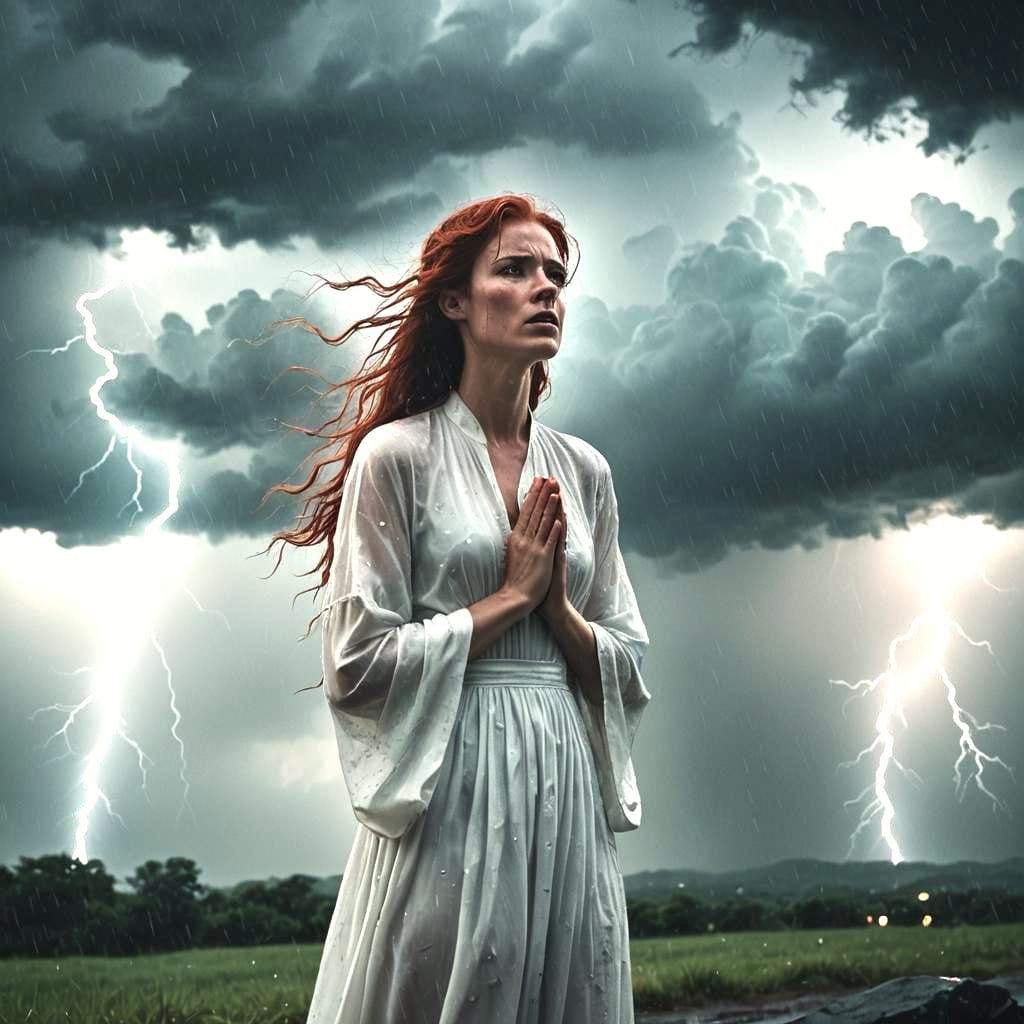 Girl Praying During Violent Thunderstorm