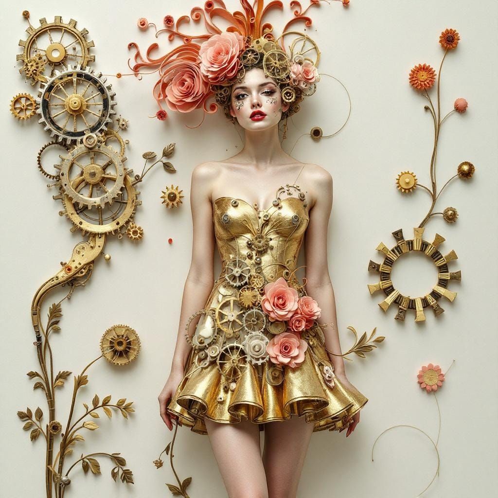 Mechanical Paper Art: 2030s Pin-Up with Brass Accents