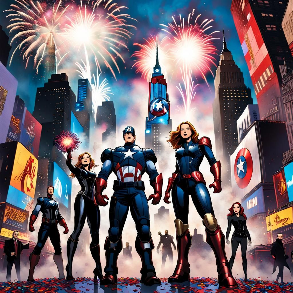 Avengers team, consisting of Iron Man, Captain America, Thor, and Black Widow, joyfully gather in the heart of New York ...