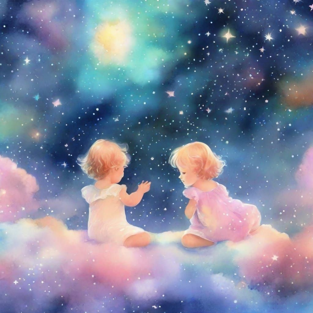 Celestial Crib: Stargazing Babies in Watercolor Style