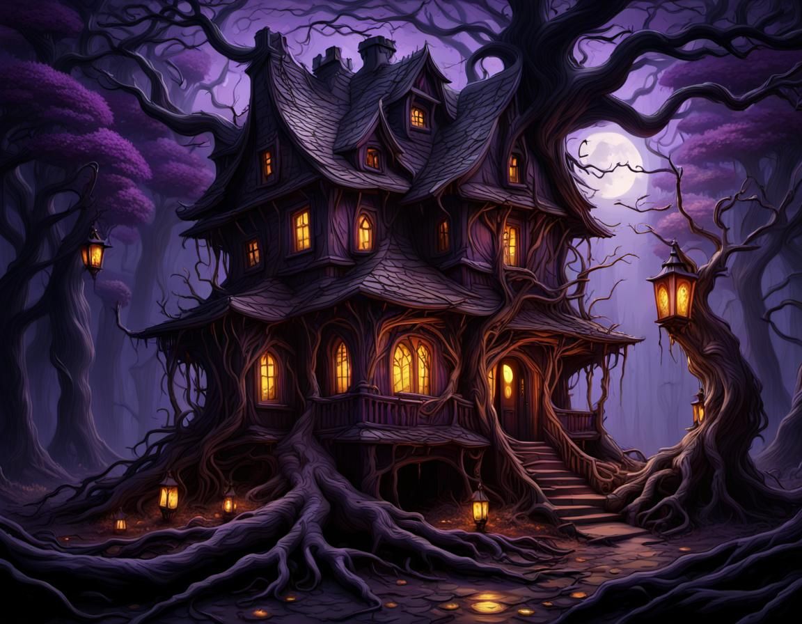 Creepy House in Haunted Forest, Dark Fantasy Art