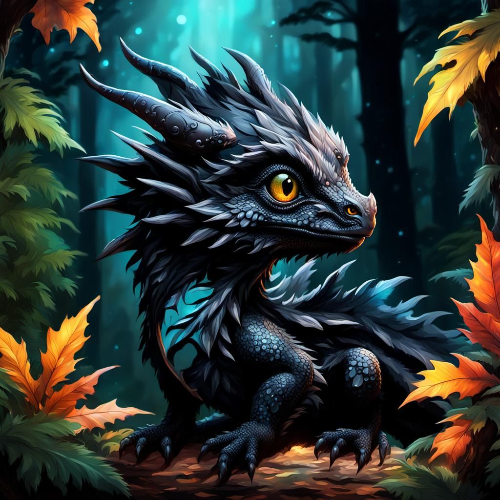 Detailed Black Feathered Dragon in Night Forest