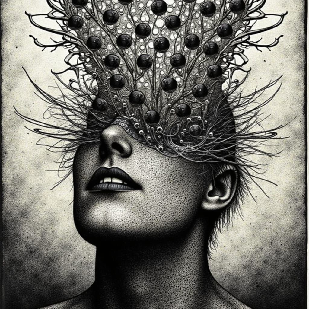 Surreal Head Devours Reflection Amidst Glitch Static