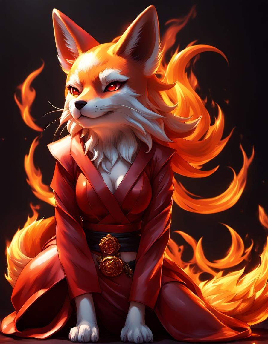 Anime Kitsune Goddess in Fiery Chiaroscuro