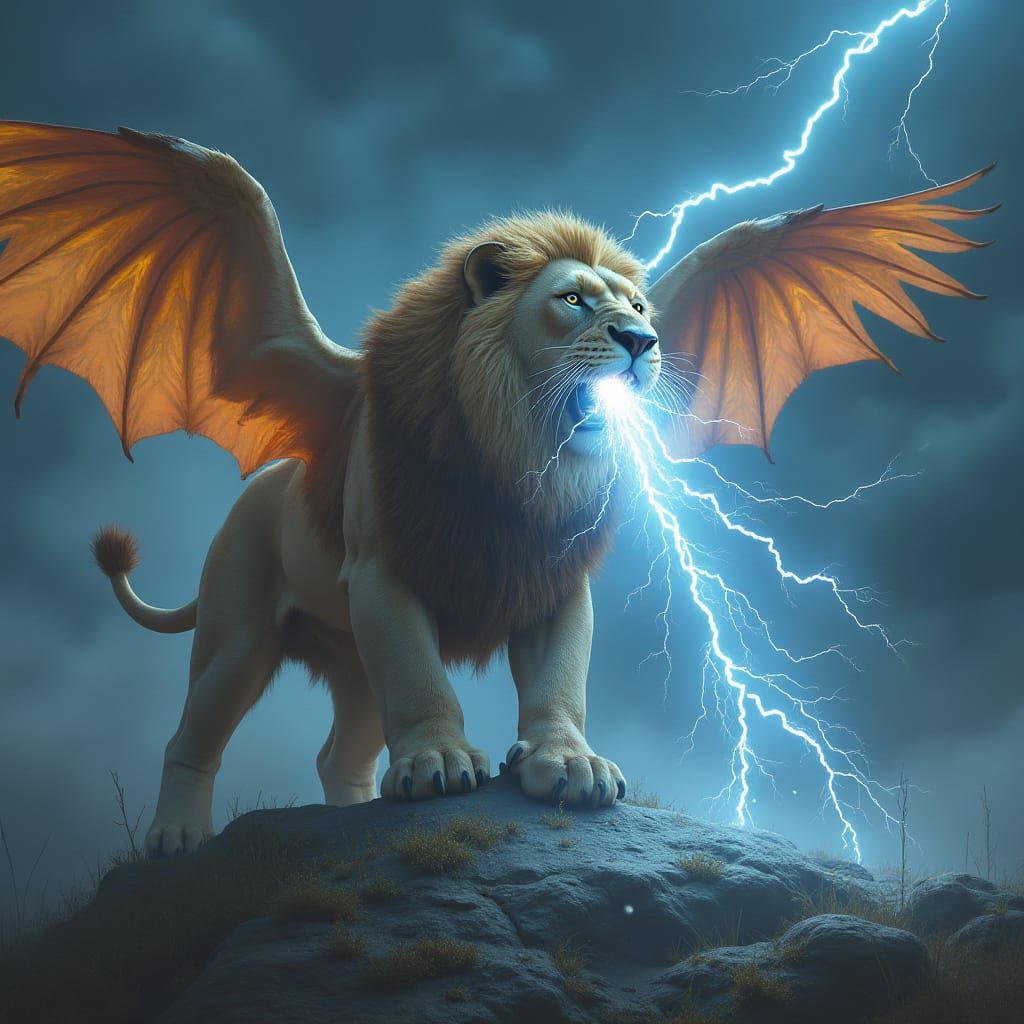 Winged Lion Unleashes Lightning in Retro-Futuristic Art