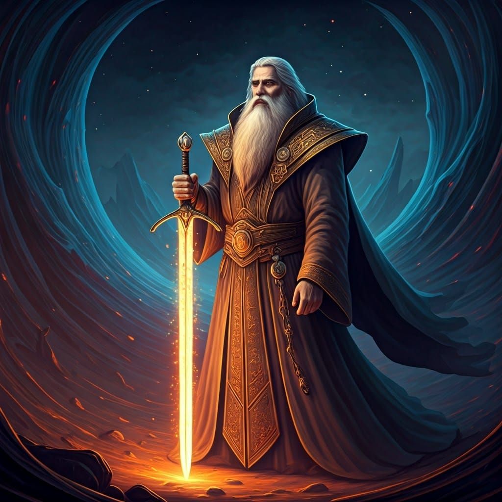 Magical Wizard with Sword in Fantasy Landscape