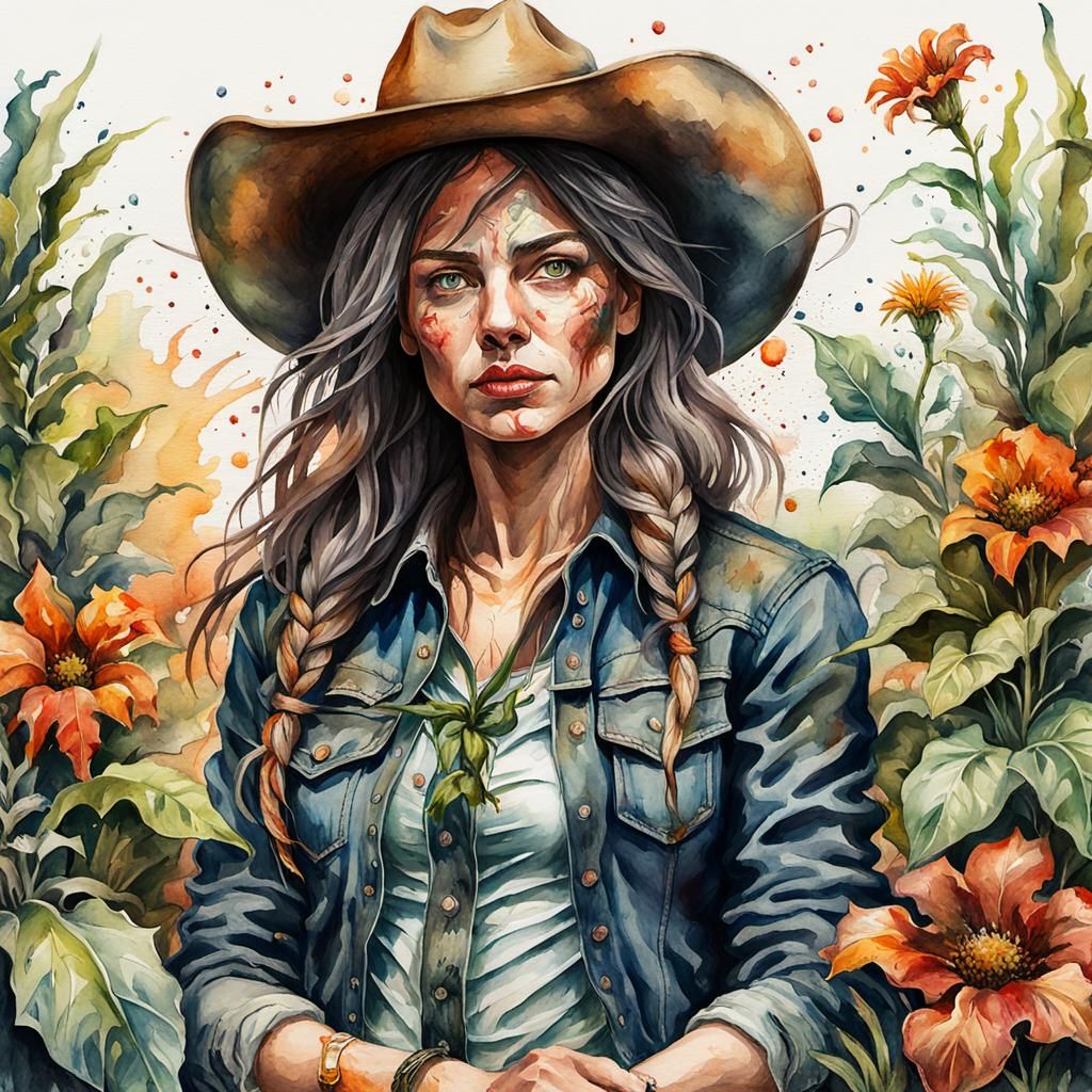 Grotesque Cowgirl Portrait in Watercolor Impasto Style