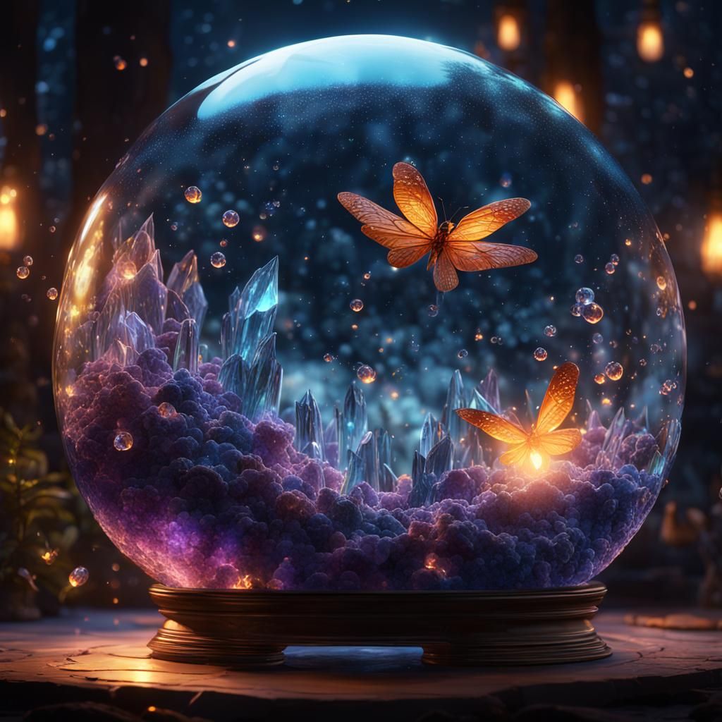 Crystal Waterfall in Glass Bubble at Night