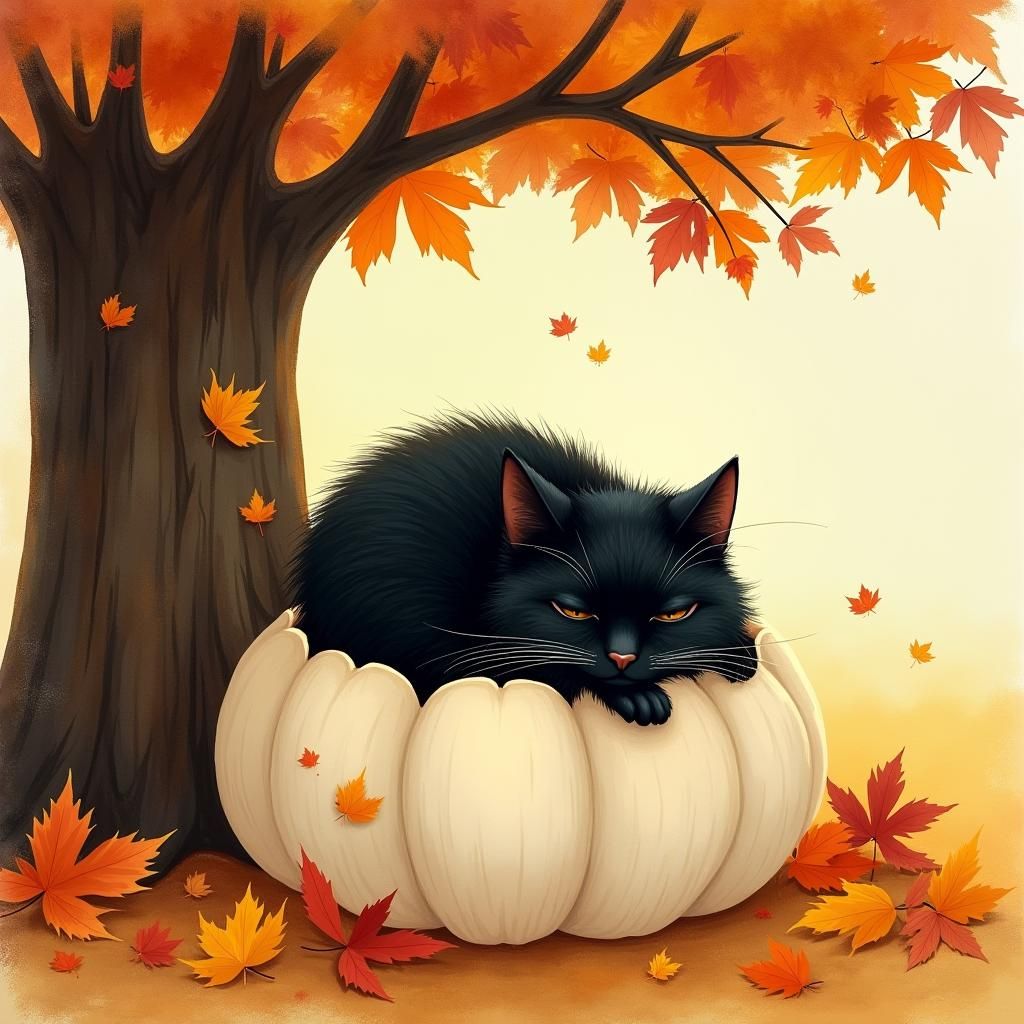 Black Cat Napping in Pumpkin, Autumn Scene