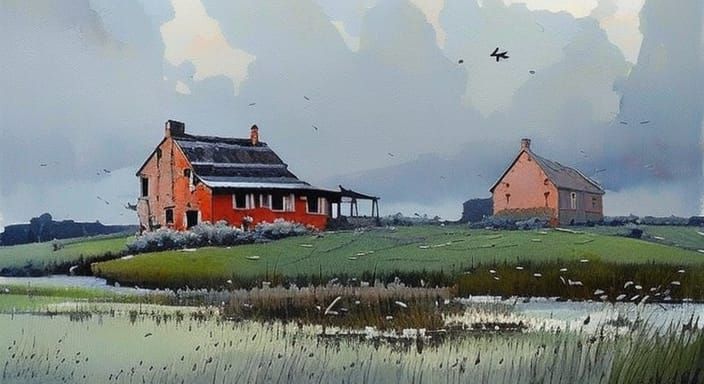 Quaint Landscape in Gouache Style Watercolor