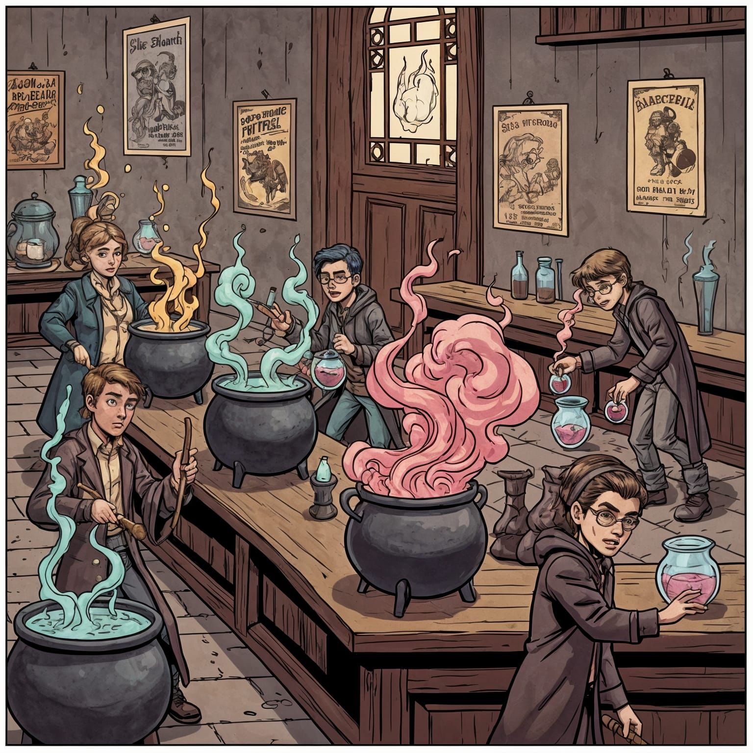 Wizarding School Potion Lab in Vintage Comic Style