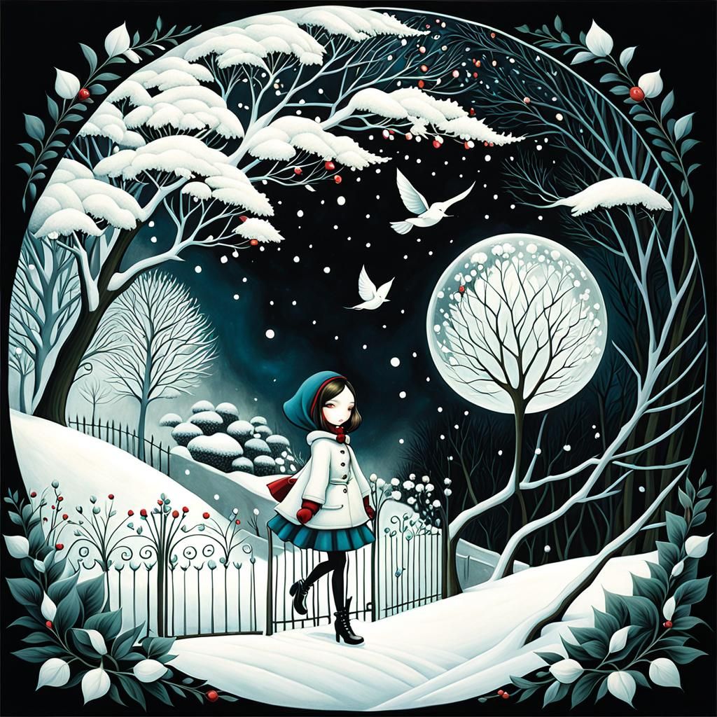 Girl in Winter Garden: Lacombe-Inspired Illustration