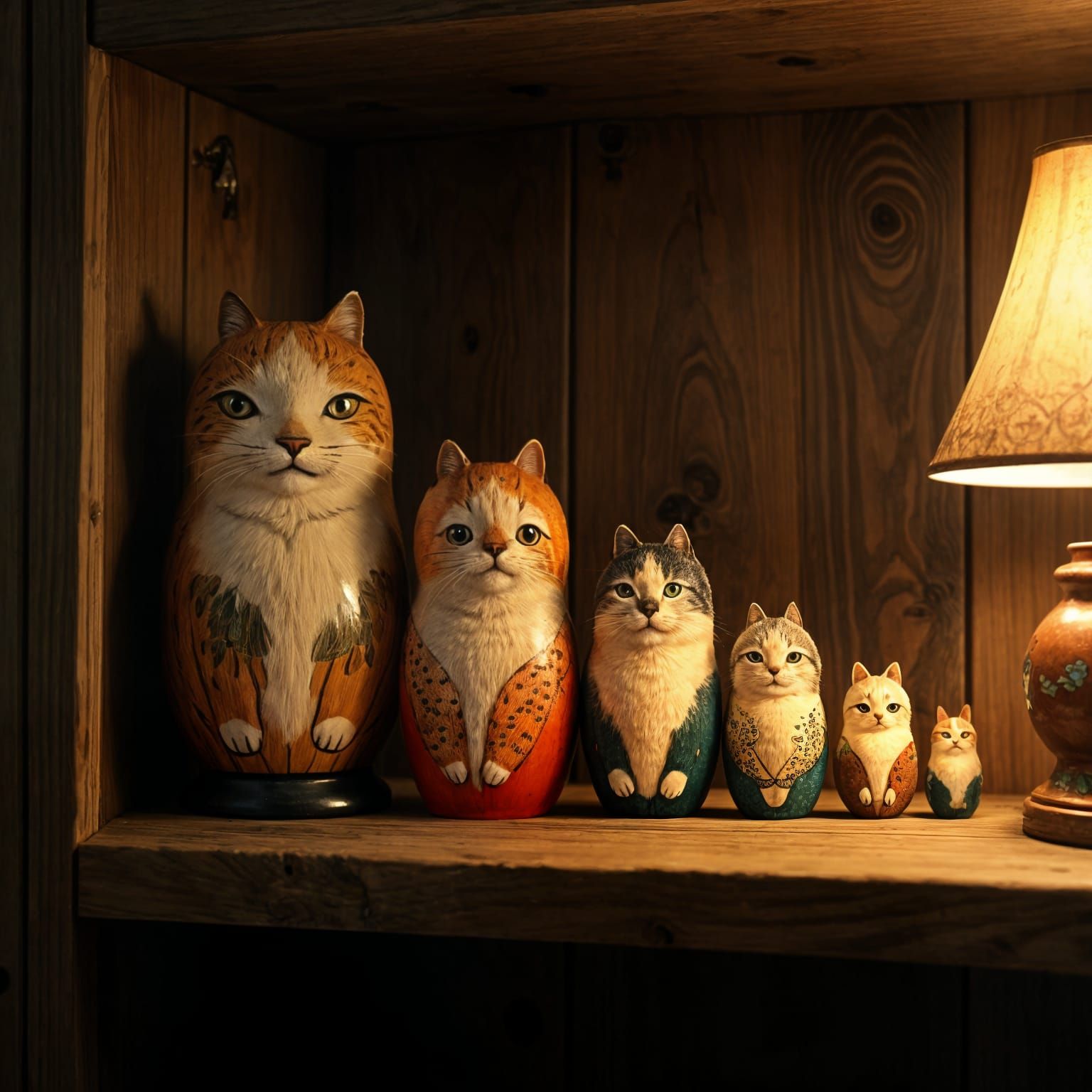 Matryoshka Cat Dolls on a Cozy Shelf