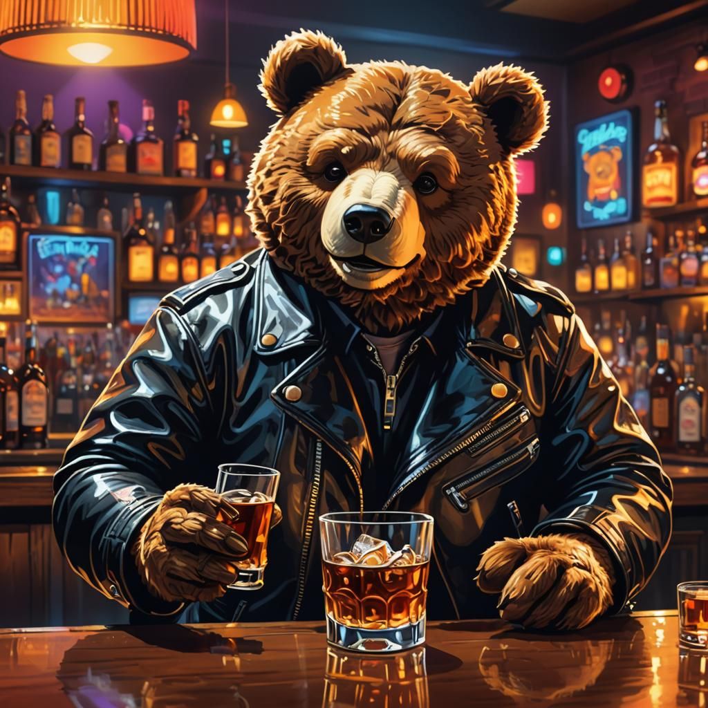 Teddy Bear Biker in 80s Retro Style Bar
