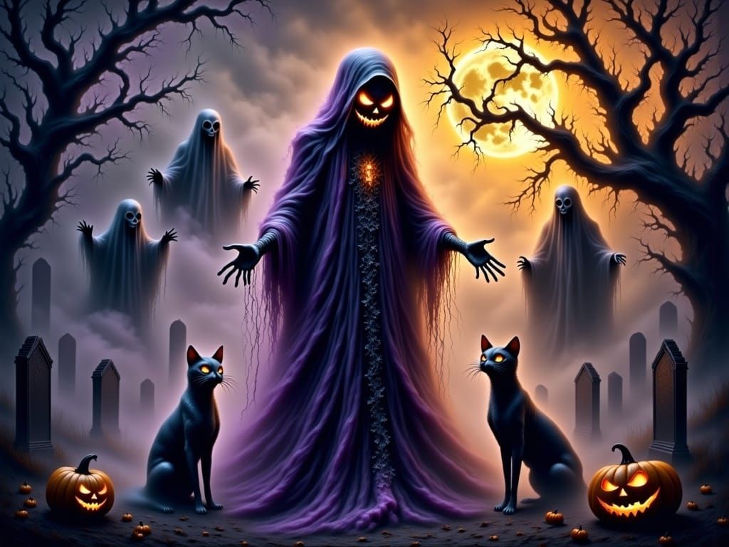 Halloween Witch Casting Spell in Cemetery, Fantasy Art