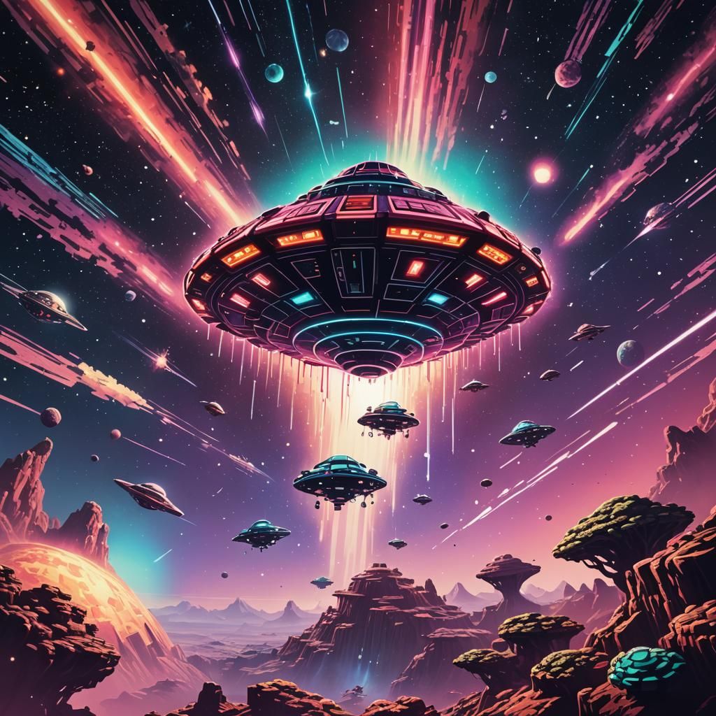 Retro Space Invader over UFO in Vaporwave Style