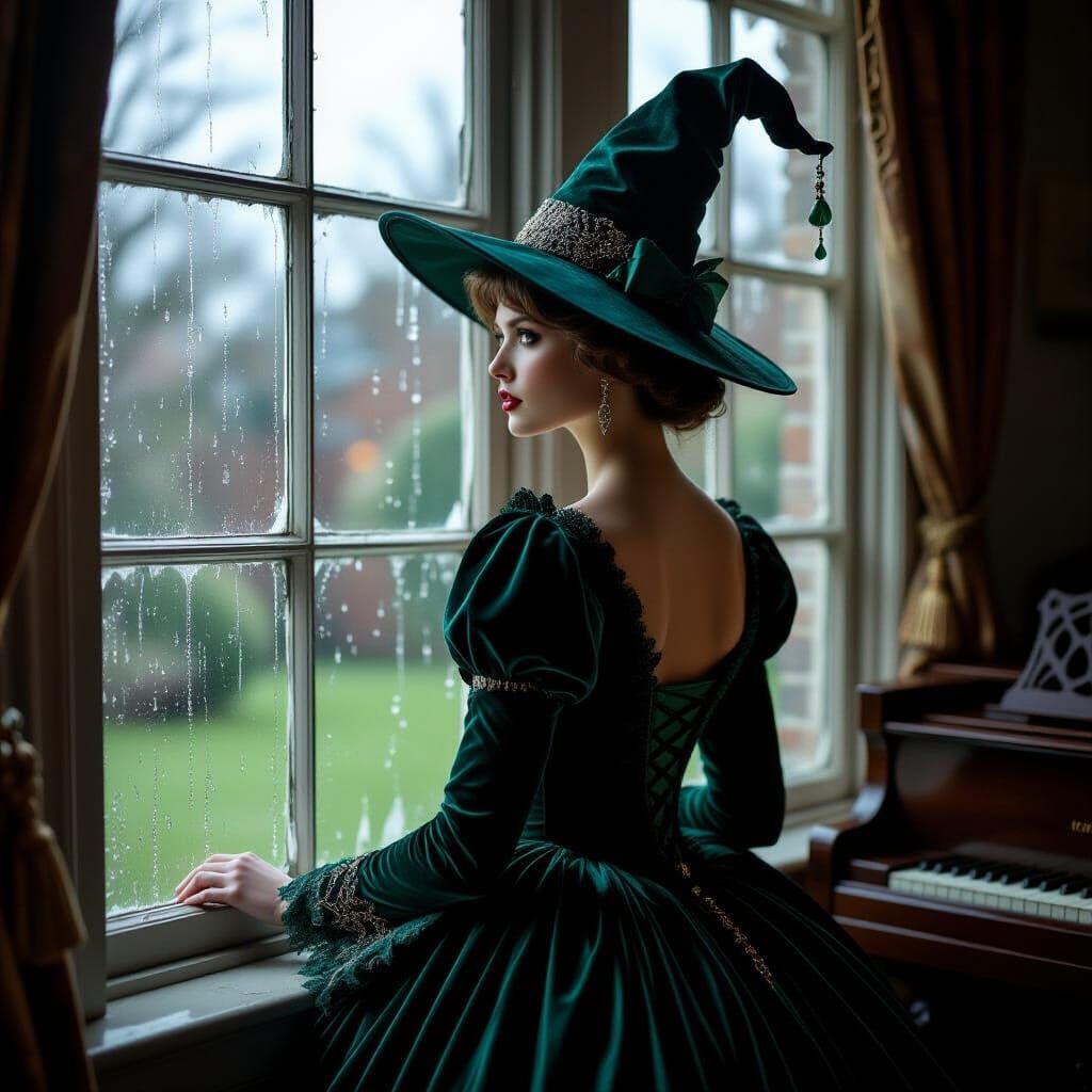 Victorian Woman in Emerald Gown Gazes from Rainy Window