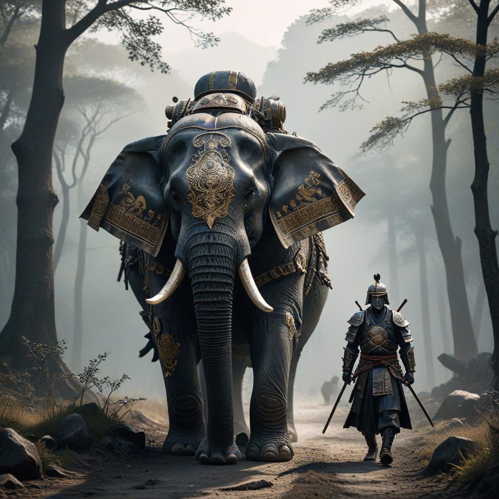 Armored Elephant and Samurai in Misty Landscape