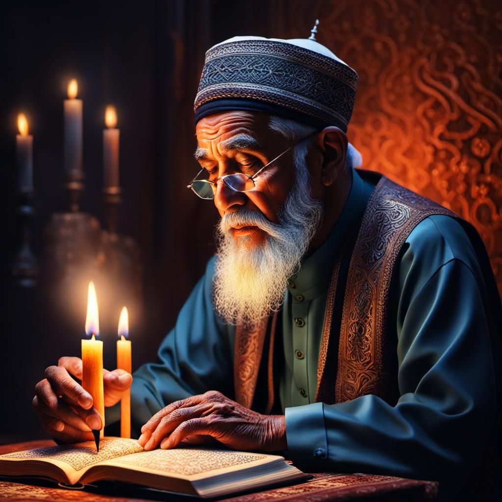 Old Muslim Man Reading Quran by Candlelight