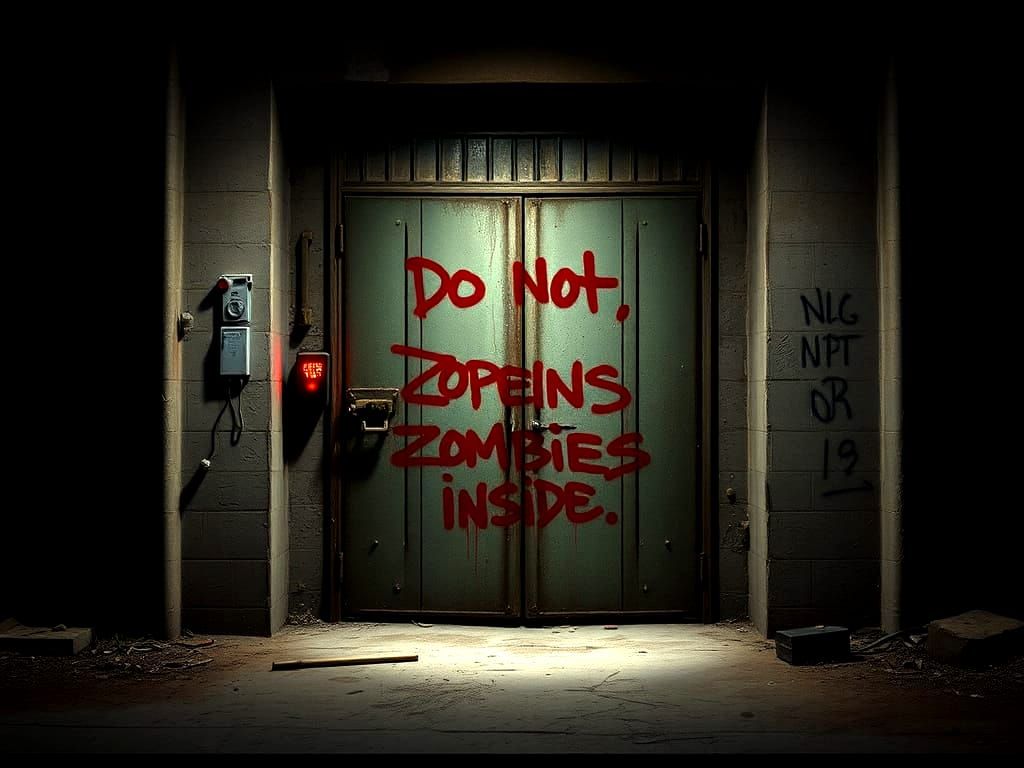 Abandoned Warehouse Entrance with Warning Sign