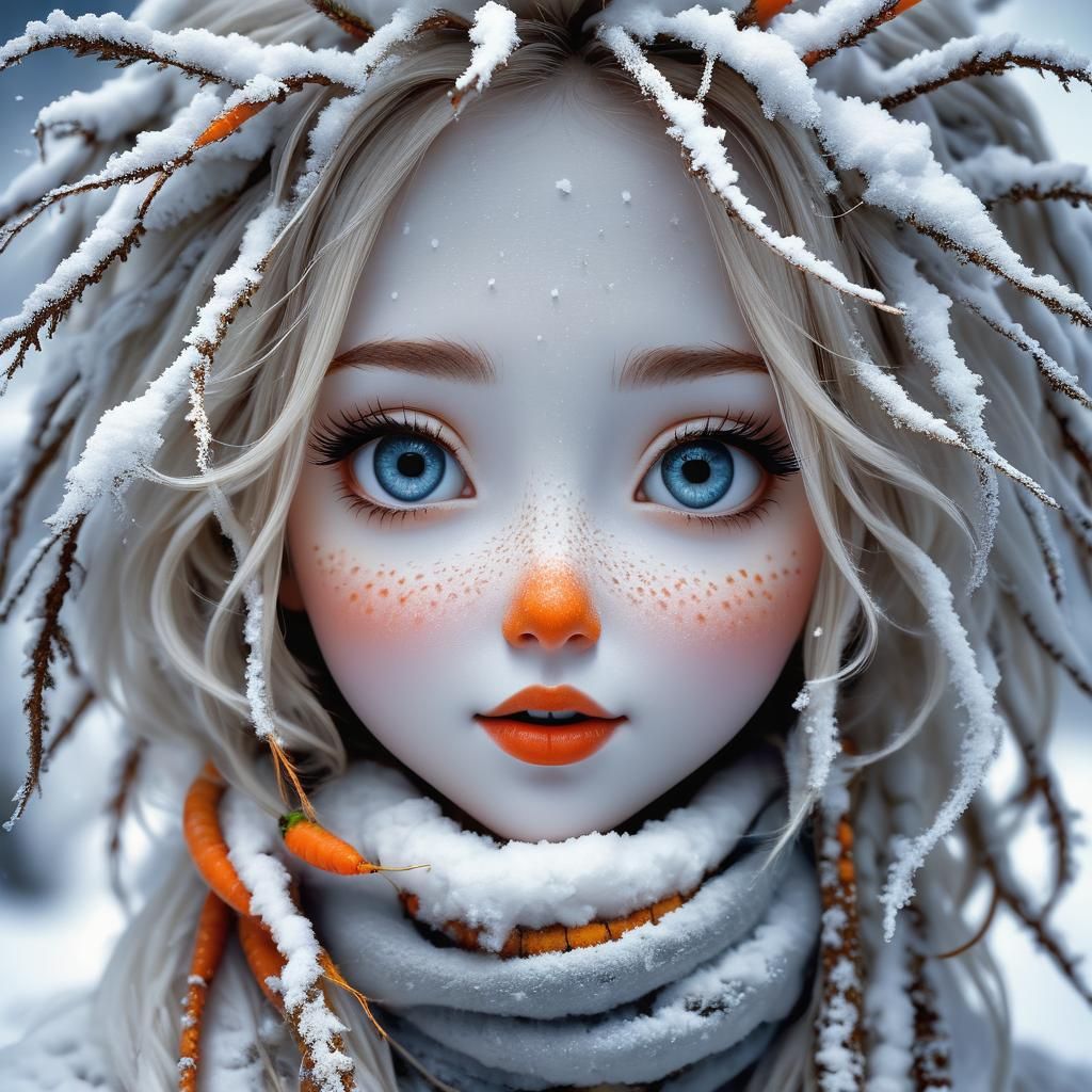 Cute Snow Woman with Snowy Hair, Digital Painting