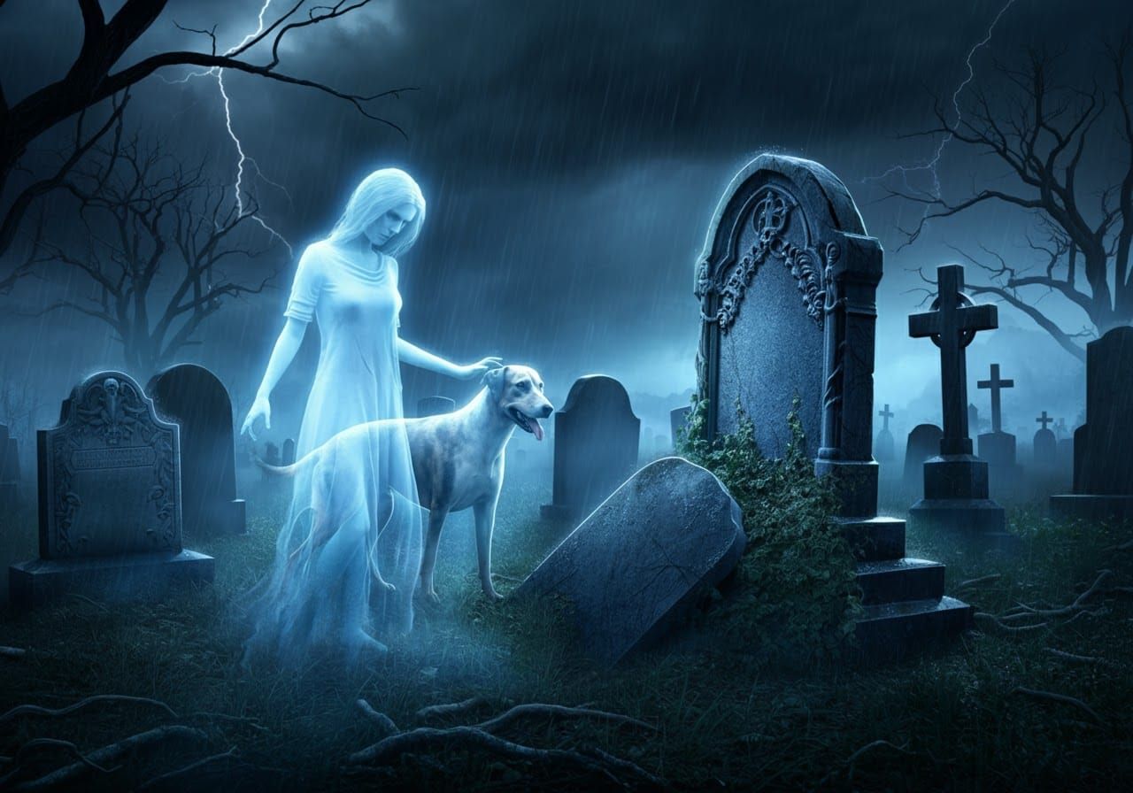 Eerie Graveyard Night Scene with Ghostly Woman