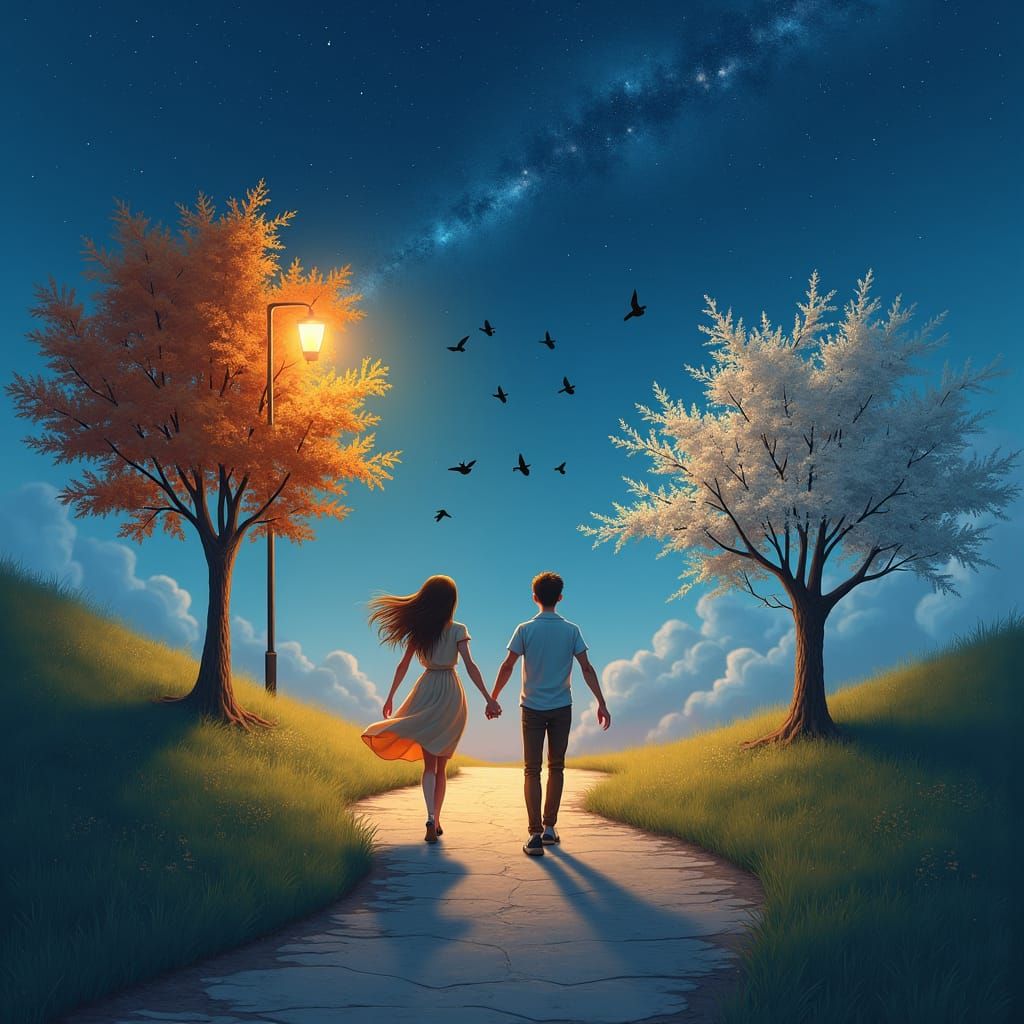 Couple Walking Through Time Under Starry Sky