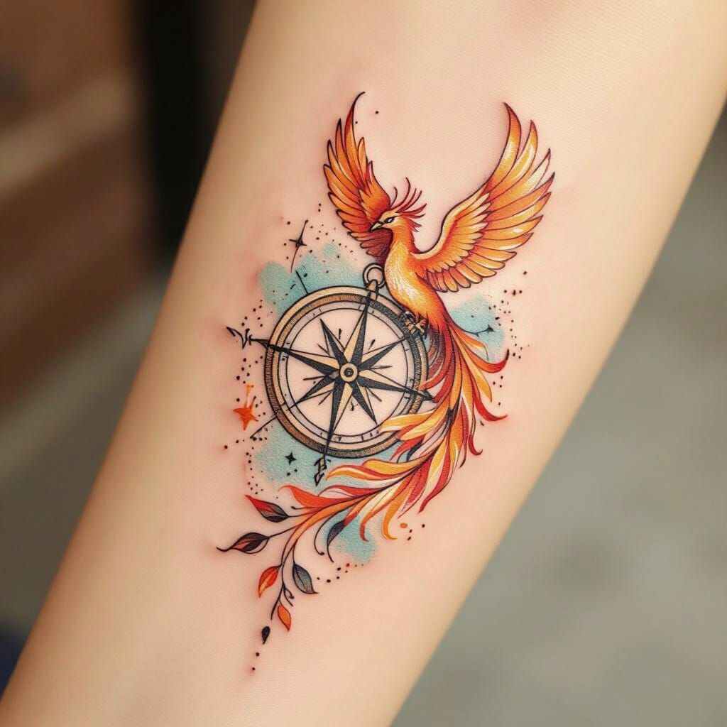 Minimalist Watercolor Phoenix Compass Tattoo Design