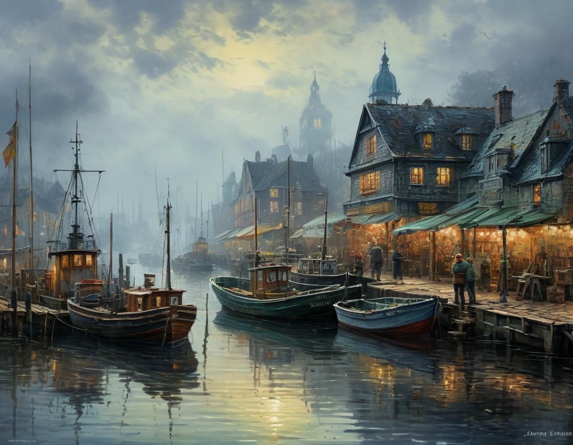 Foggy Morning Fishing Village in Impressionist Style