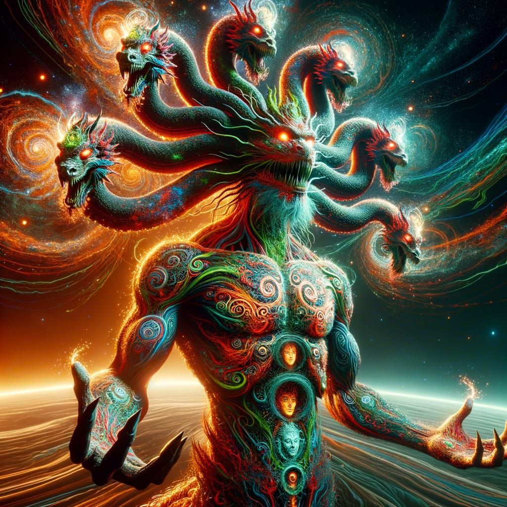 Glowing Eight-Headed Dragon in Alien Landscape