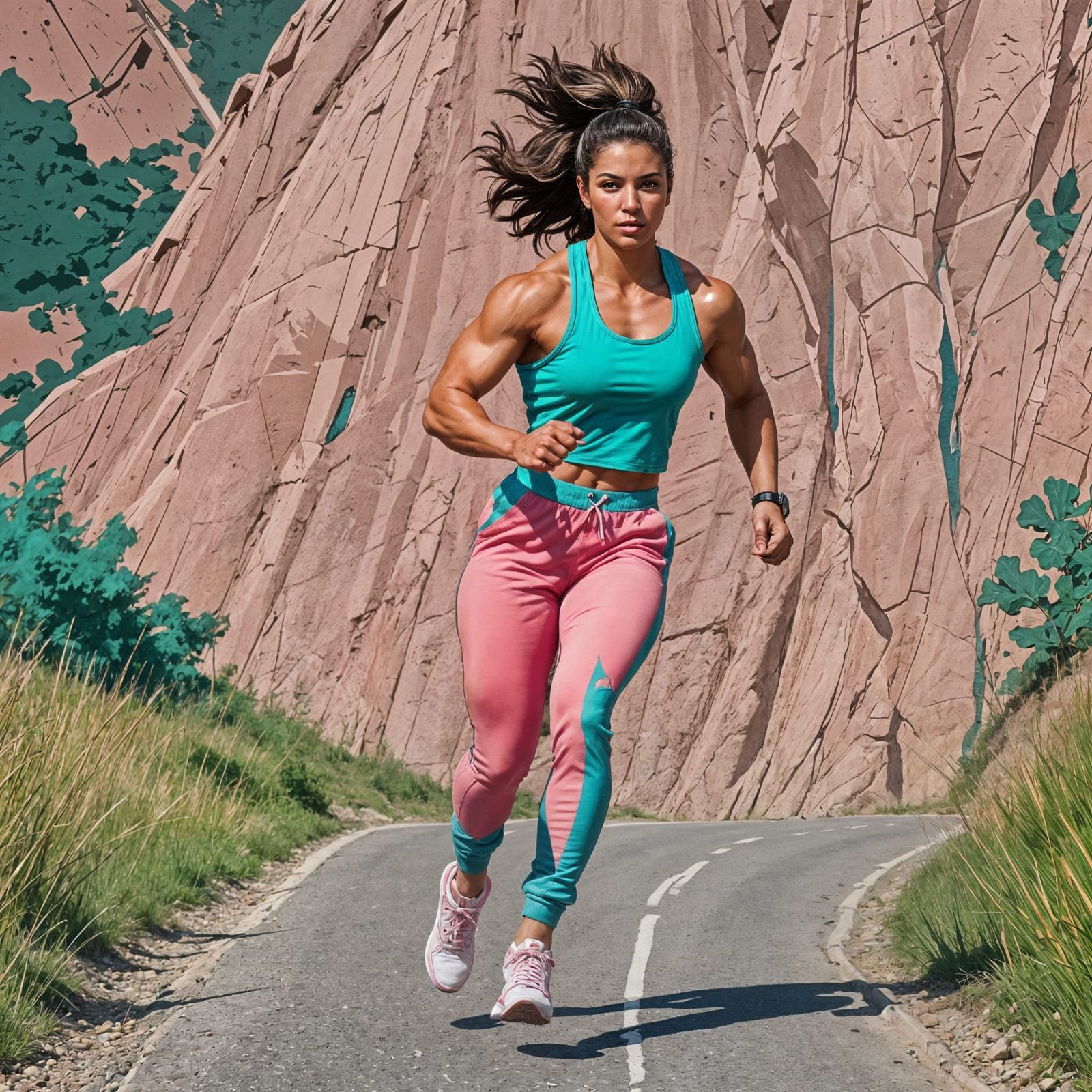 Musclebound Woman Jogging in Geometric Bauhaus Style